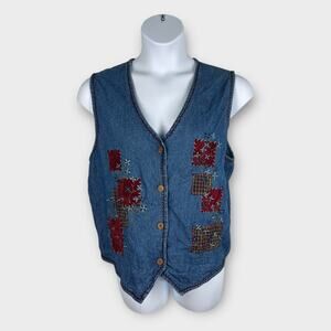 Vintage Bobbie Brooks Jean Denim Patchwork Floral Embroidered Vest Large Boho
